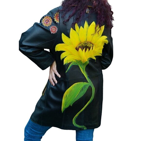 Hand Crafted Jackets & Blazers - Vintage black leather coat; hand painted fiber art, sunflower sz M